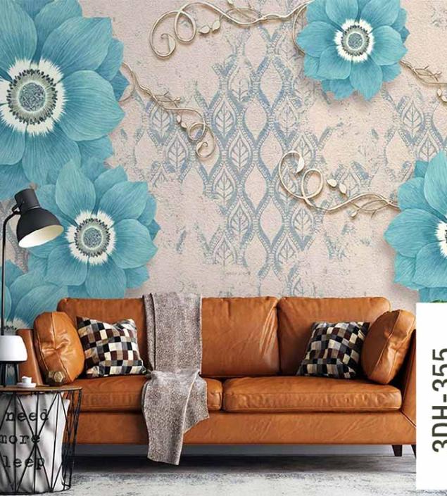 Cyan Blooming Flowers Mural
