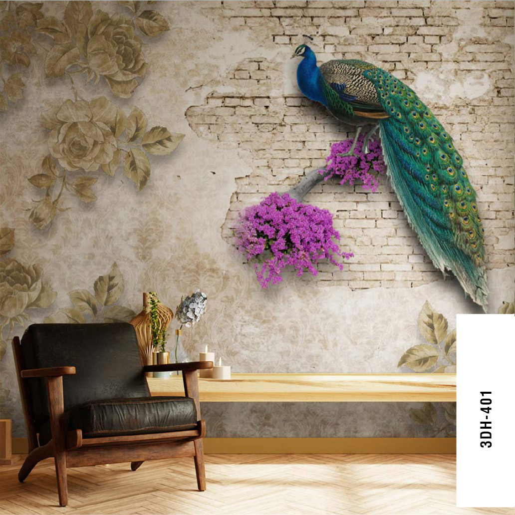 Peacock on Brick Wall Mural