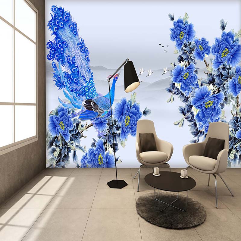 Peacock with Flowers Mural