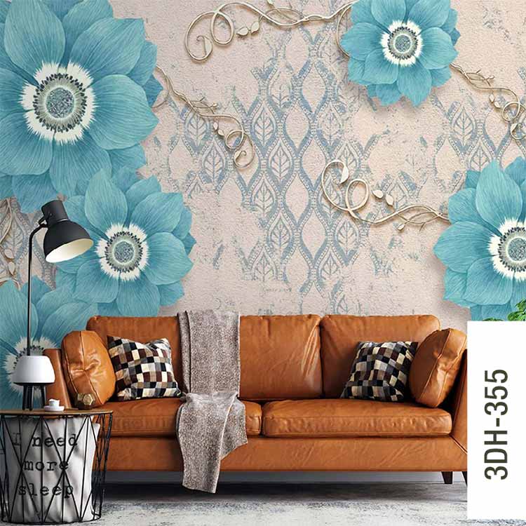 Cyan Blooming Flowers Mural